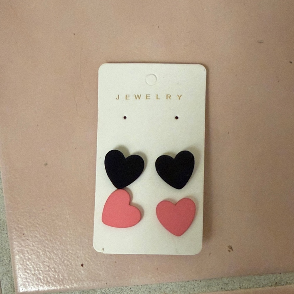 Heart-Shaped Black and Pink Earrings